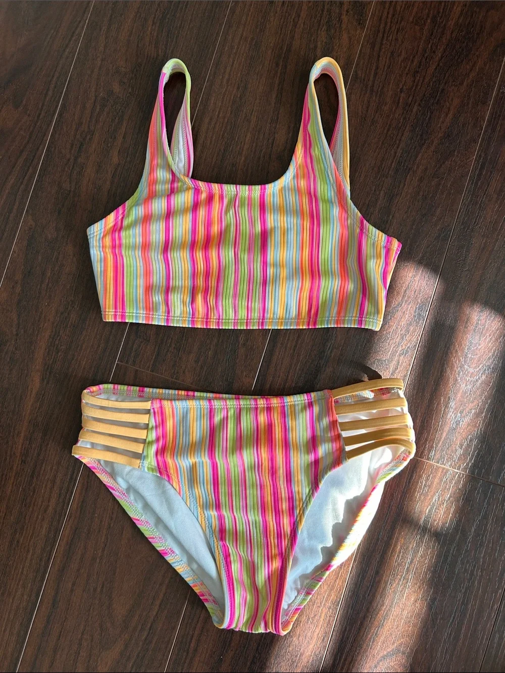 art class Pink, Yellow & Green Striped Girls Two-Piece Bikini